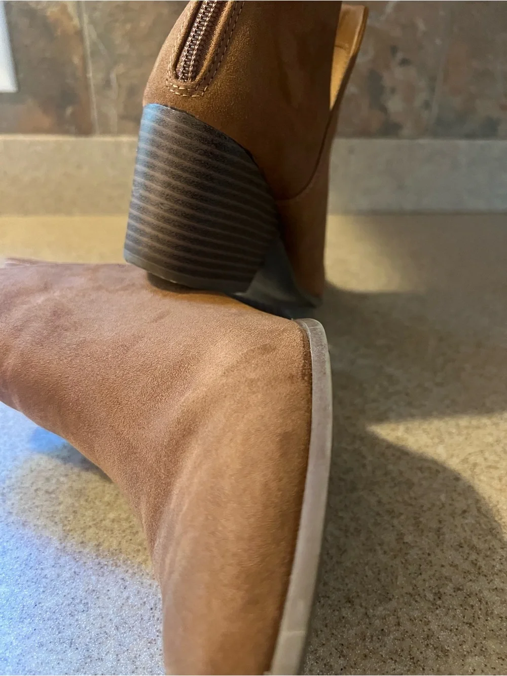 Women’s Tan Suede Ankle Booties with Low Block Heel…Size 7.5